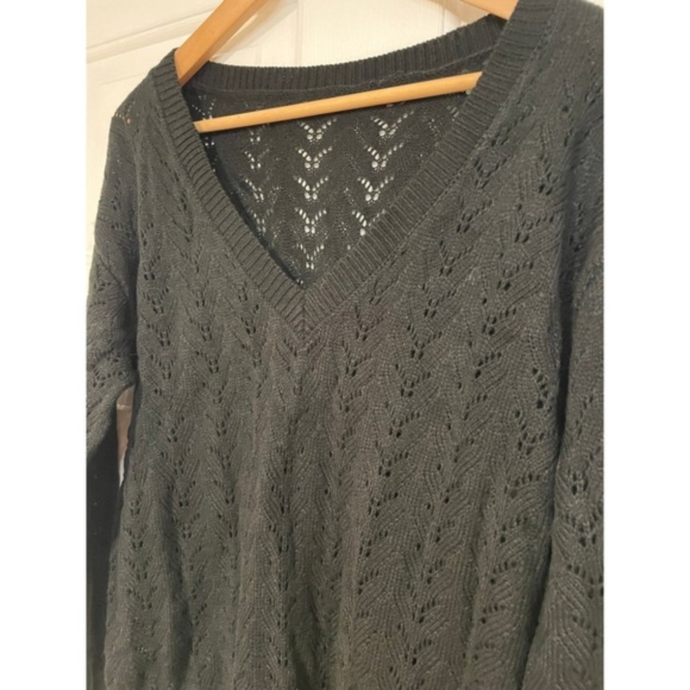 NEW Cupshe Open Knit Black‎ V Neck Pointelle Sweater Pullover Top XS Layer Cozy